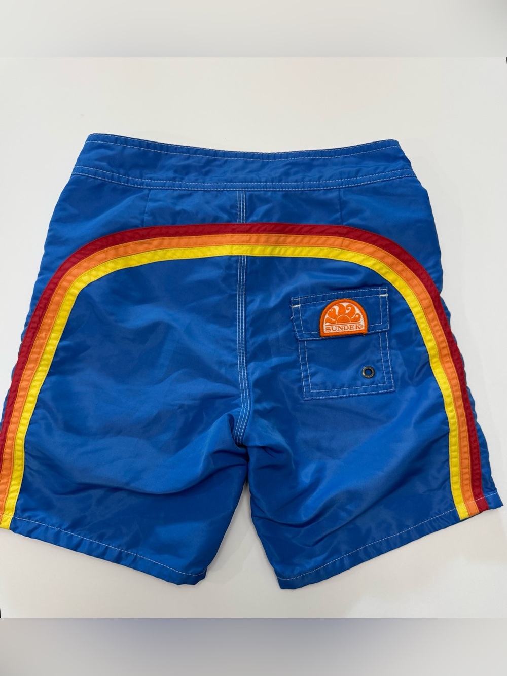 Sundek Boys Dark Blue Long Swim Trunks with White Drawstring in Size 8